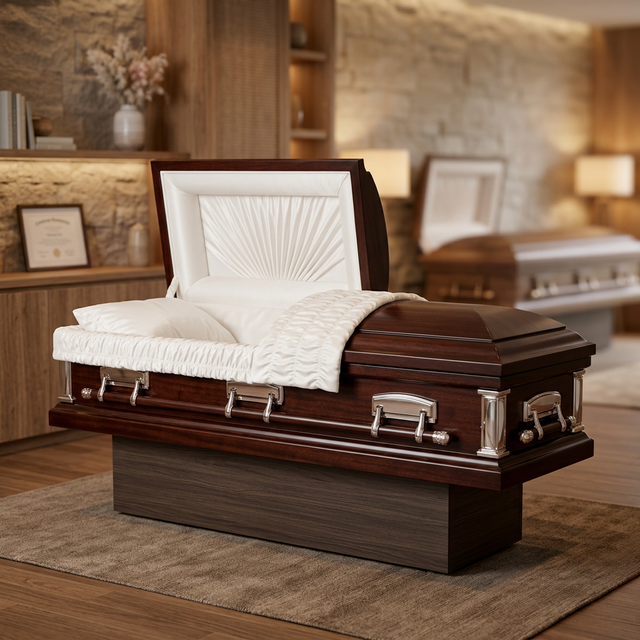 Elegant Mahogany casket with silver accents