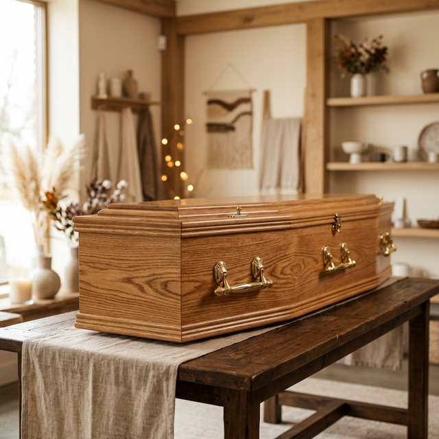 Handcrafted oak casket by Ralphy's Caskets